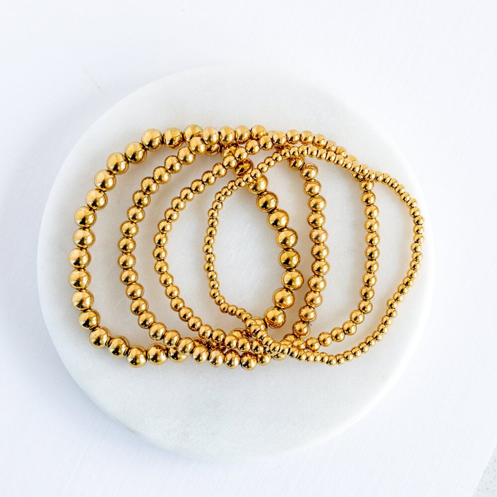 Waterproof Gold Bead Bracelets Set of 2 Stretch Stackable You Pick Sizes Jewelry